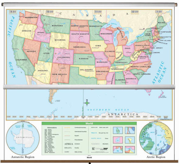 beginner school wall map set fo world and US