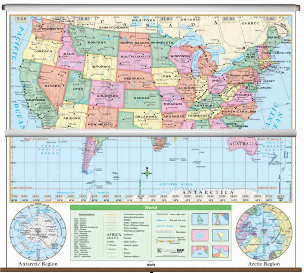 Classroom map set of US and world