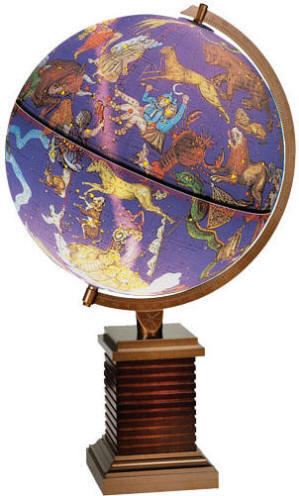 Illuminated desktop globe showing star constellations images on wood/metal stand 