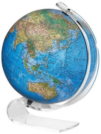 Blue world globe on clear desktop base