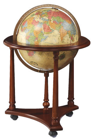 illuminated world globe with beige oceans on wood floor stand