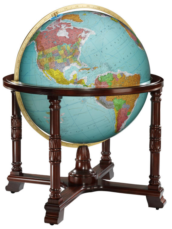 Large illuminated world globe on wood floor stand