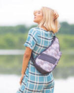 ameribag healthy back bag patchwork print worn by woman