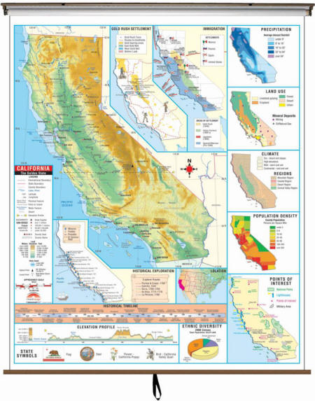 Large Thematic wall map of Claifornia