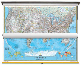 Political US and World Map Classroom Pull Down 2 Map Bundle