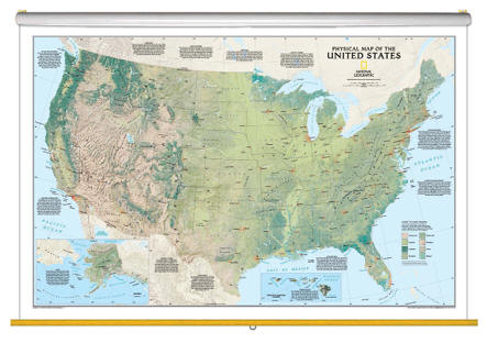 USA Physical Wall Map Classroom Pull Down