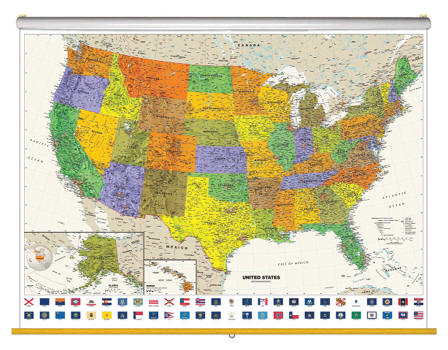 Contemporary US Map with Flags Classroom Pull Down