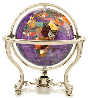 Genuine Multi-Gemstone Desktop Globe Chrome Base Black Pearl Globe Free S & H 