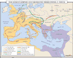 world history map of the Roman Empire and Germanic migrations