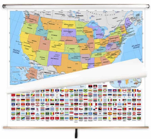 USA map on a roll-up display, highlighting continents, countries, and flags for educational and navigation purposes, ideal for classrooms, offices, or travel planning