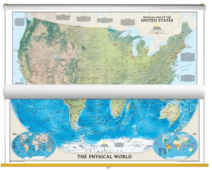 Physical US and World Map Classroom Pull Down 2 Map Bundle