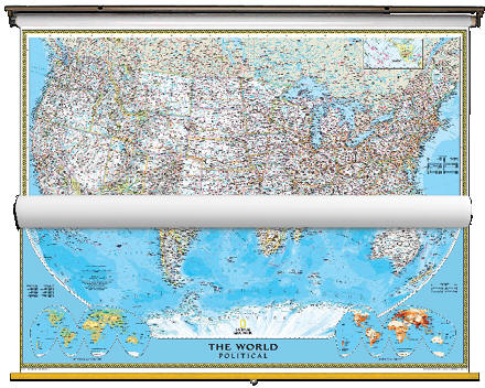 Political US and World Map Classroom Pull Down 2 Map Bundle