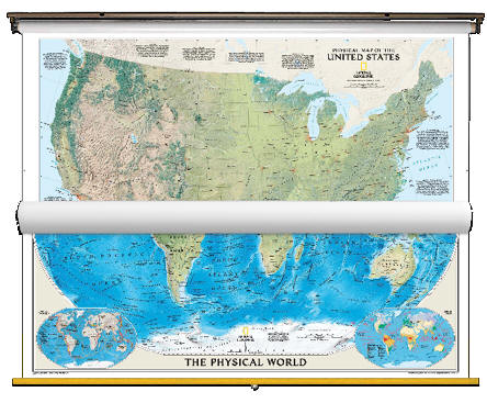 Physical US and World Map Classroom Pull Down 2 Map Bundle