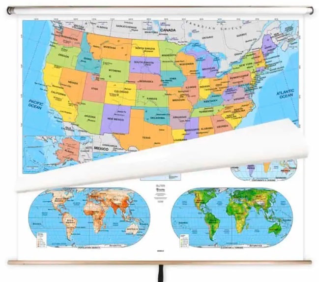 Primary US and world map set with educational panels