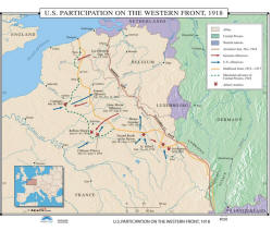 wall map of US participation in world war I in Europe