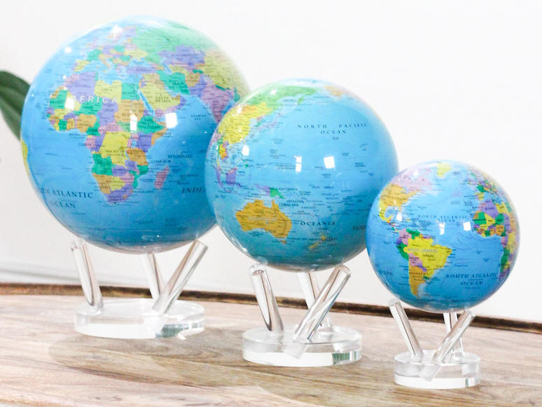 MOVA world globes in three sizes on clear bases