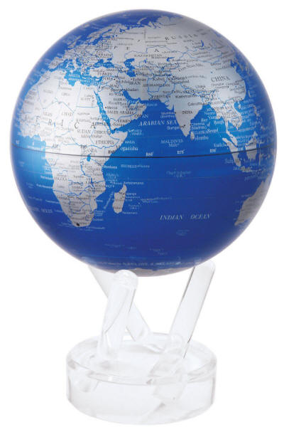 MOVA spinning globe cobalt blue oceans silver land