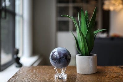 Moon solar powered rotating globe next to plant