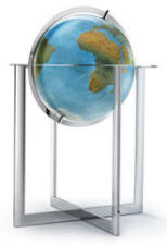 Large lighted globe on modern steel floor stand