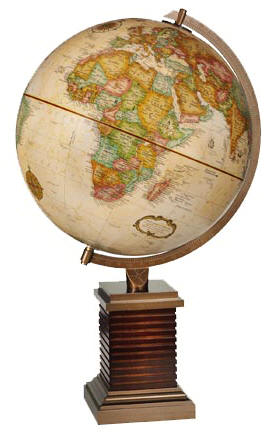 world globe on designer wood and metal desktop base