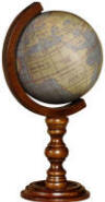 small world globe on wooden stand