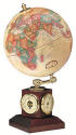 globe of earth on wood base with clocks