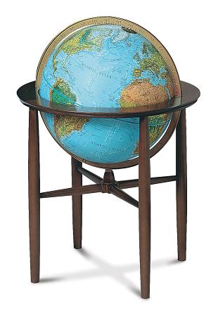 illuminated floorstanding world globe with blue oceans