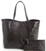 Black leather tote bag and wristlet