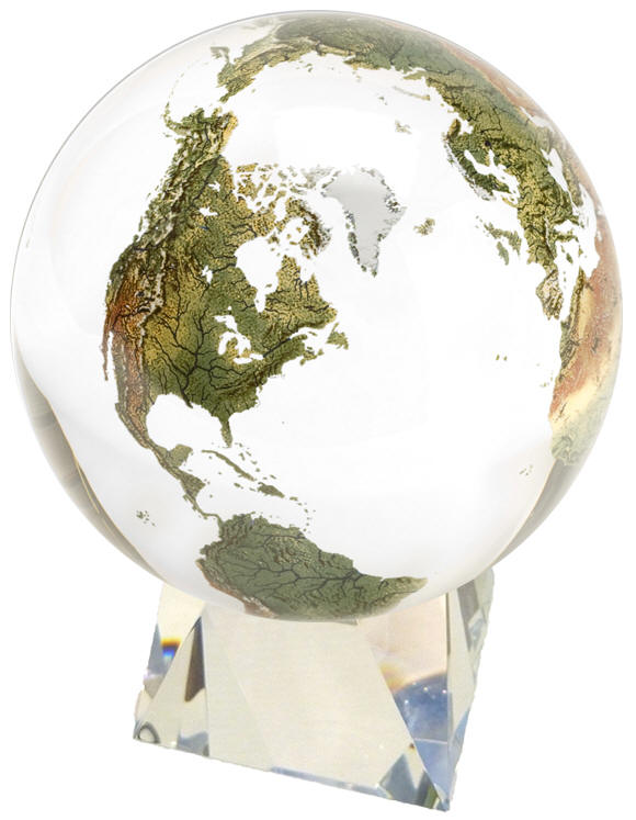 Crystal globe with clear oceans on crystal base