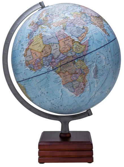 Aviator illuminated world globe blue oceans square wood base 