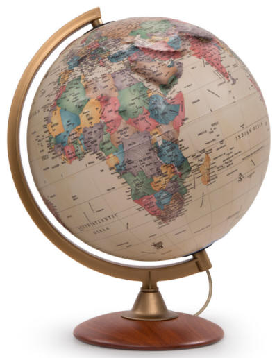 Colombo world globe with Relief beige oceans wood base WP21109 