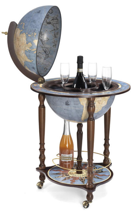 Da Vinci floor globe drinks cabinet - blue dust, open, product photo