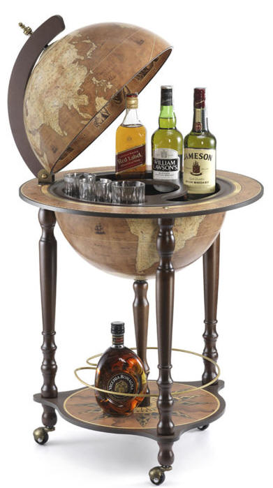 Da Vinci floor globe drinks cabinet - rust, open,