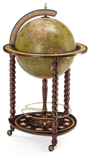 Product image of the olive green Exceptional Explora floor globe bar cabinet - closed
