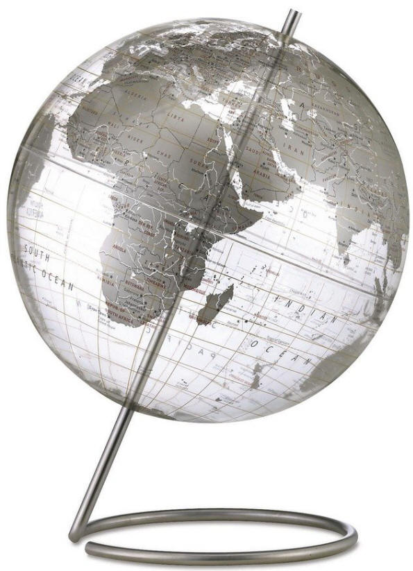 Crystal Marquise desktop world globe silver continents with transparent oceans